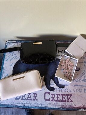Michael Kors Black Patent Leather Belt Bag, wallet and keychain bag charm 3 ITEM